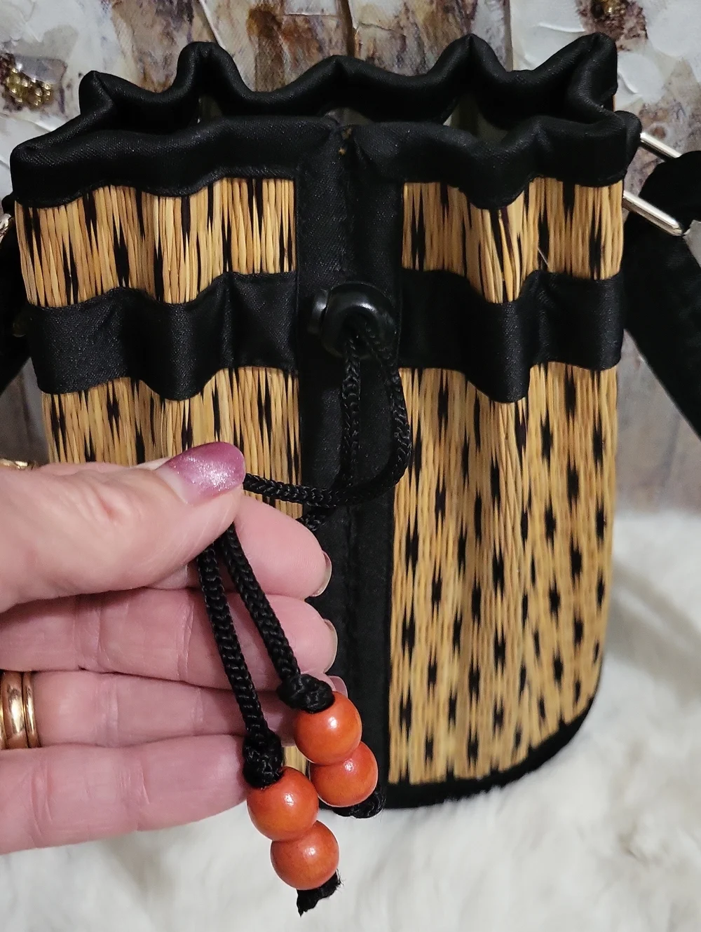 Saraye Tatami Small Handcrafted Black and Tan Woven Bucket Bag